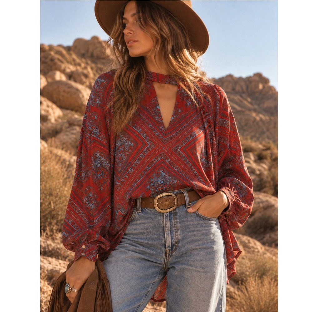 Free People Walking On A Dream Tunic Red Geometric Keyhole Large Western Boho